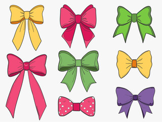 Colorful bows, gift bows. Simple hand drawn ribbon bow collection. vector illustration on white background