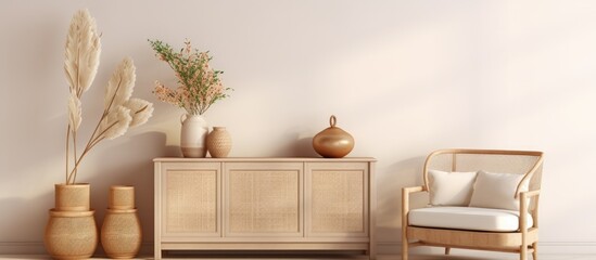 A cozy living room with wood furniture including a chair, dresser, and table. Vases and plants bring life to the space, complimenting the interior design