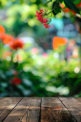 wooden table with copy space in the garden. Selective focus.