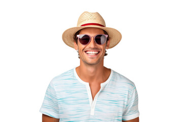 Portrait happy man with summer holiday beach outfits isolated on transparent background for realax at beach on vacation, travel and holidays vacation concept.