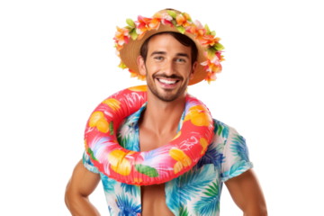Portrait happy man with summer holiday beach outfits isolated on transparent background for realax at beach on vacation, travel and holidays vacation concept.