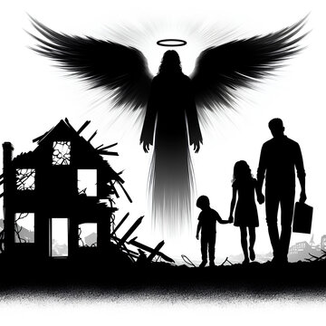 silhouette of guardian angel over silhouette of family on white background