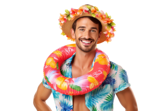 Portrait happy man with summer holiday beach outfits isolated on transparent background for realax at beach on vacation, travel and holidays vacation concept.