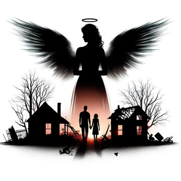 silhouette of guardian angel over silhouette of family on white background