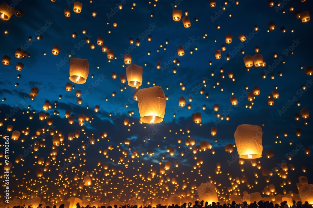 Poster spectacular display of floating lanterns illuminating the sky, a multitude of paper lanterns release