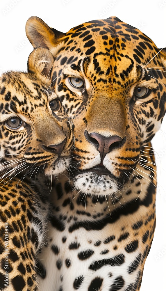 Poster male leopard and cub portrait with empty space for text, object on the right side