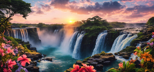 Fantasy landscape with waterfalls, panorama.