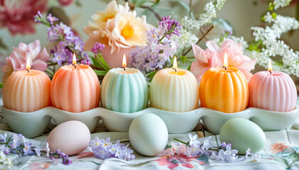 Pastel Colored Easter Candles in Egg Shapes with Spring Flowers. Celebration spring holiday Easter, Spring Equinox day, Ostara Sabbat. - obrazy, fototapety, plakaty