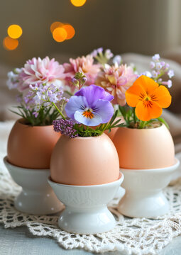 Fresh Spring Flowers in Eggshell Vases. Celebration spring holiday Easter, Spring Equinox day, Ostara Sabbat.