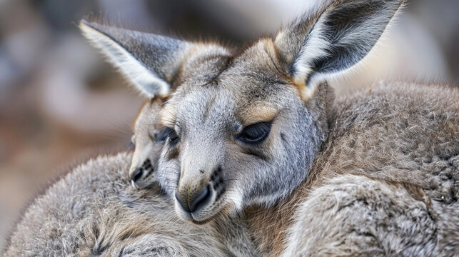 Animal love and affection cute joey image baby kangaroo holding on it's mother ear for comfort and feeling safe