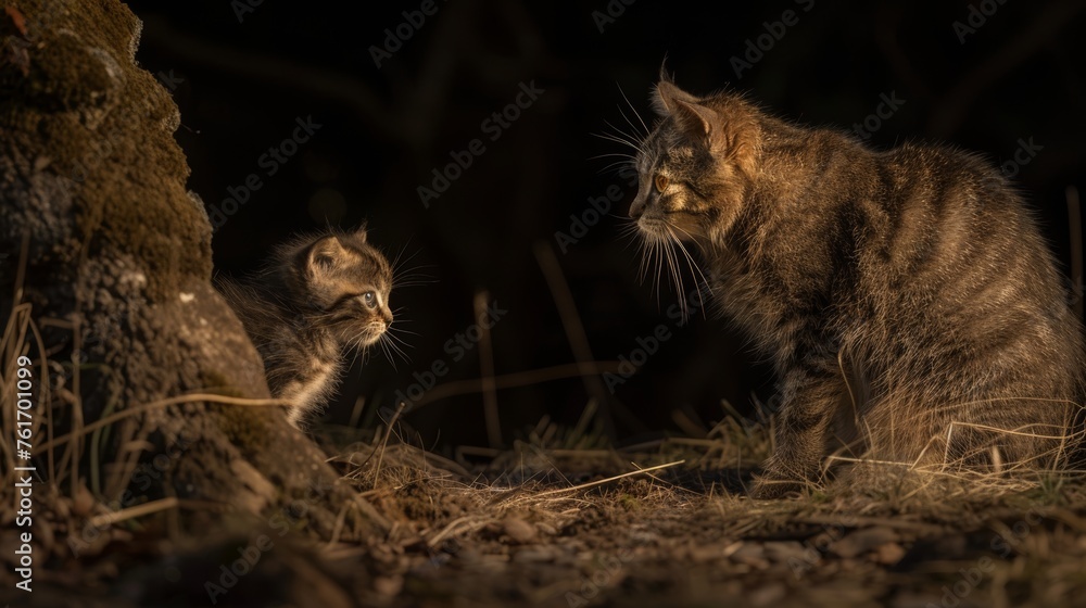 Poster geoffroy s cat and kitten near object, empty left side for personalized text insertion