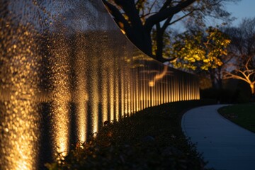 A powerful wall of water glowing with lights, creating a stunning visual display under the night sky, A night scene of the Vietnam Veterans Memorial Wall with soft lighting, AI Generated
