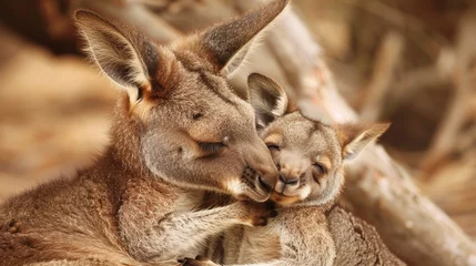 Selbstklebende Fototapeten Animal love and affection cute joey image baby kangaroo holding on it's mother ear for comfort and feeling safe © Alexander