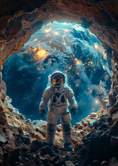 Astronaut standing at the entrance of a rugged cave, looking out into a mesmerizing galaxy and planet. International Day of Human Space Flight - obrazy, fototapety, plakaty