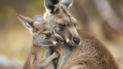 Rolgordijnen Animal love and affection cute joey image baby kangaroo holding on it's mother ear for comfort and feeling safe © Alexander