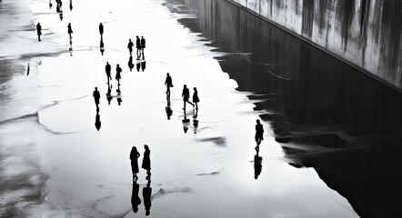 Artistic black and white image  of silhouetted figures and their reflections on a serene water surface.