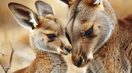 Animal love and affection cute joey image baby kangaroo holding on it's mother ear for comfort and feeling safe - obrazy, fototapety, plakaty