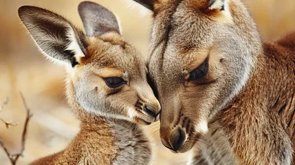 Raamstickers Animal love and affection cute joey image baby kangaroo holding on it's mother ear for comfort and feeling safe © Alexander