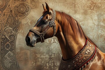 A Painting of a Horse Wearing a Bridle, A noble Arabian horse with beautiful Islamic motifs in the background, AI Generated - Powered by Adobe