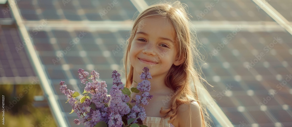 Sticker the little blond girl with a smile is holding a bouquet of purple iris flowers in front of a solar p