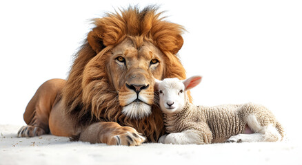 An image of a lion and a lamb together on a white background, symbolizing peace, harmony, and coexistence. This picture may be used for religious or spiritual purposes, or to represent friendship. - obrazy, fototapety, plakaty
