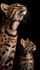 Male geoffroy s cat with kitten, space for text, object on side for balanced composition