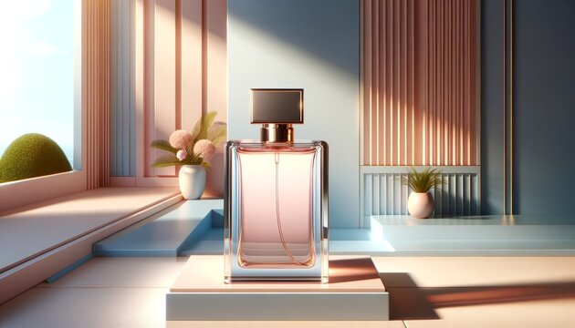 Display an elegant perfume bottle in a sleek modern interior with soft pastel tones, highlighted by gentle morning sunlight in a wide HDR format for a sophisticated look - Generative AI