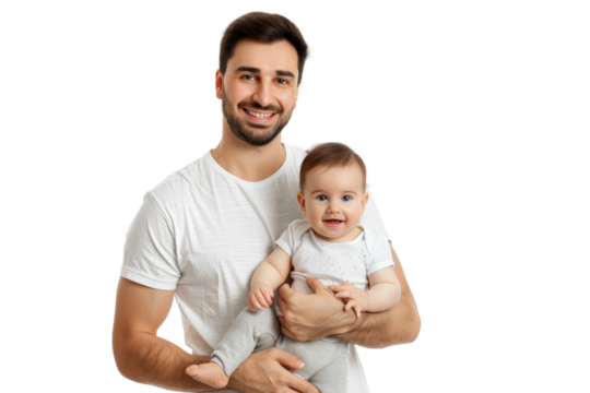 Portrait of Father holding baby with his arms isolated on transparent png background, Dad and baby moment, cute and adorable little infant.