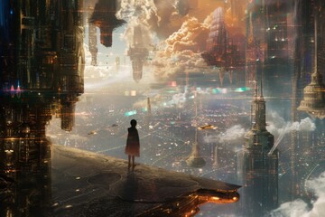 A person stands on a ledge, gazing at the city below, capturing the urban landscape from a higher perspective, A parallel universe featuring a twisted version of a familiar earth city, AI Generated