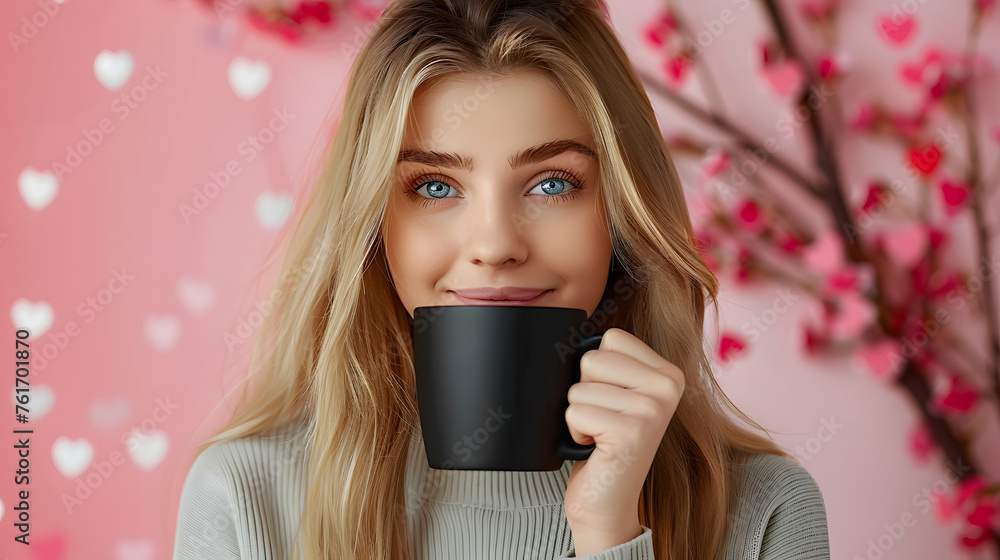 Wall mural beautiful etsy mockup of a gorgeous happy girl with long blonde hair and blue eyes holding a 11oz 325ml black mug in front of her face