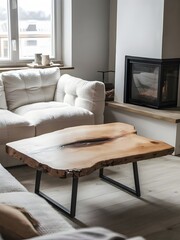 Wooden live edge coffee table beside white sofa against window. Stylish Scandinavian living room with fireplace.