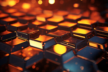 Obraz premium 3d rendering of abstract metallic background with hexagons in orange color