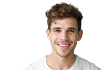 Studio portrait of a handsome young white Americana man with a beautiful smile wearing casual outfits looking at camera, isolated on transparent png background.