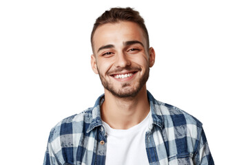 Fototapeta premium Studio portrait of a handsome young white Americana man with a beautiful smile wearing casual outfits looking at camera, isolated on transparent png background.