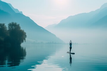 A person confidently stands on a paddle board, gracefully balancing on the waters surface, A person doing yoga on a paddleboard on calm water, AI Generated
