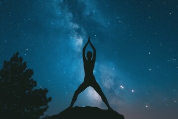A person stands on a rocky surface, extending their arms upward in a celebratory gesture, A person doing yoga under a bright, star-studded night sky, AI Generated