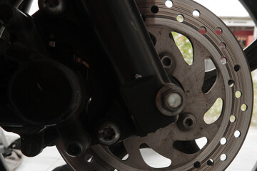 Detail photo caliper rear brake system motorcycle. part of motorcycle. Motorcycle equipment 