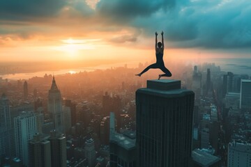 A person jumps off a skyscraper, soaring through the air against the backdrop of the cityscape, A person in a yoga pose atop a skyscraper, overlooking the city, AI Generated - obrazy, fototapety, plakaty