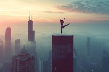A person confidently stands on top of a tall building, overlooking the city below, A person in a yoga pose atop a skyscraper, overlooking the city, AI Generated