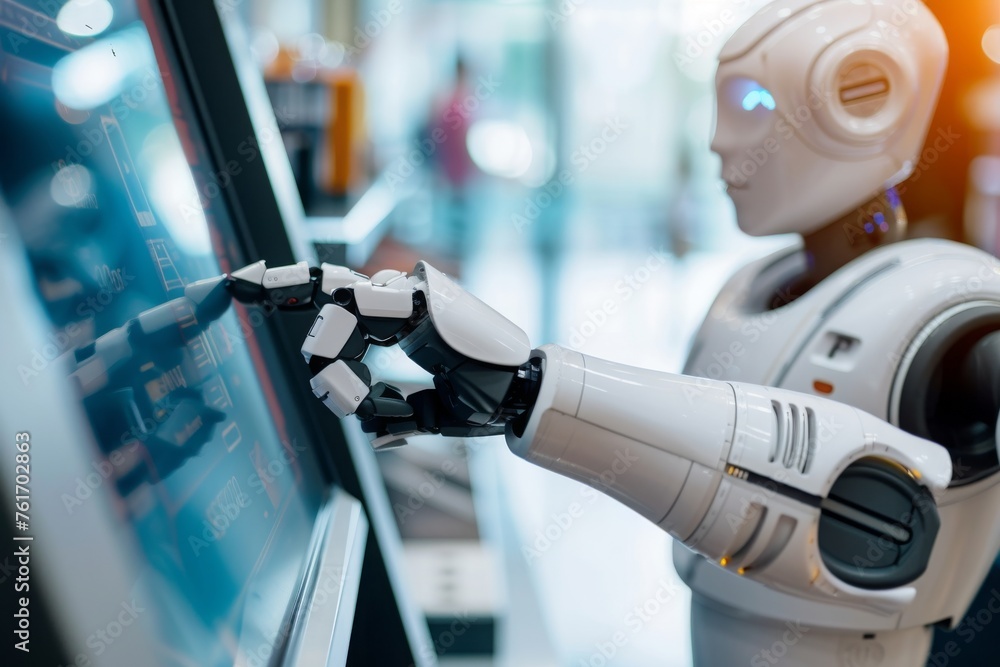 Poster a robot extends its arm and points at something on a screen while analyzing data, a person interacti