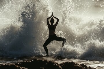 A person bravely stands on the peak of a towering wave in the vast ocean, defying natures force, A person in a yoga pose with waves crashing behind them, AI Generated