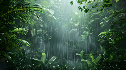 An artistic rendering of the Amazon rainforest, with lush foliage as the background, during a tropical rainstorm