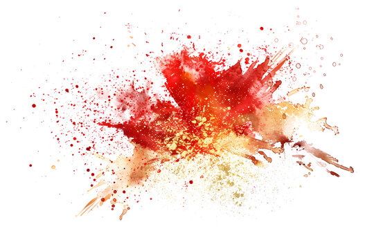 Red and gold watercolor splatter explosion on white background.