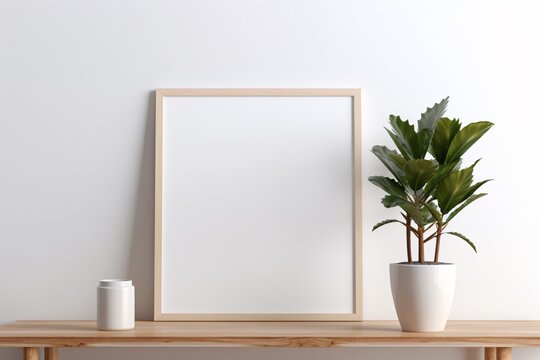 a plant in a pot next to a white picture frame