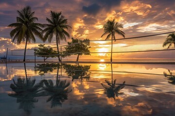 Volleyball Court With Palm Trees and Sunset, A picturesque coastal volleyball court at dawn, with...