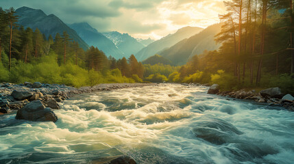 Golden Sunrise Over Mountain River