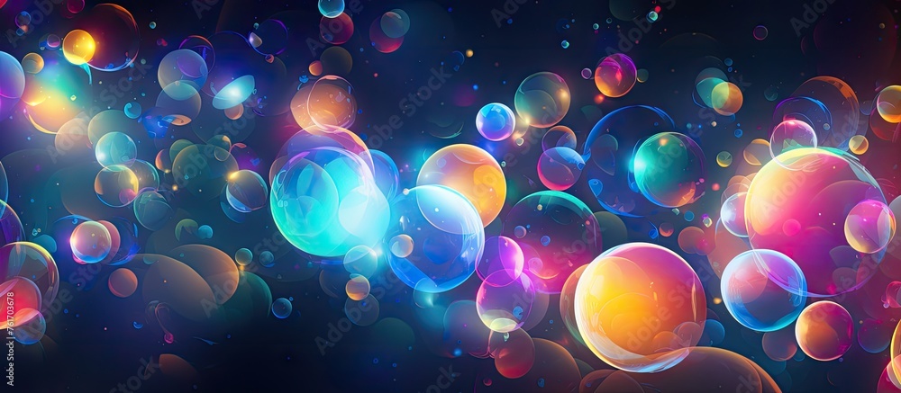 Poster astronomical objects resembling colorful soap bubbles float in space on a dark background. this arti