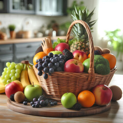 basket full of fruits isolated on table on blurred kitchen background