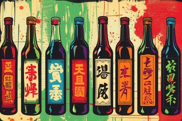 An artful portrayal of a row of wine bottles displayed in a painting, A pop art image of different...
