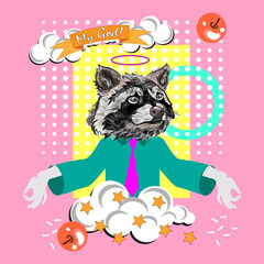 Super-raccoon with glasses meditates sitting on a cloud. Conceptual modern collage with many elements. Vector illustration